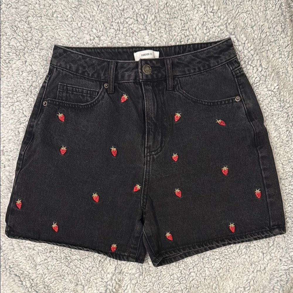Black Denim Shorts with Strawberry Embroidery